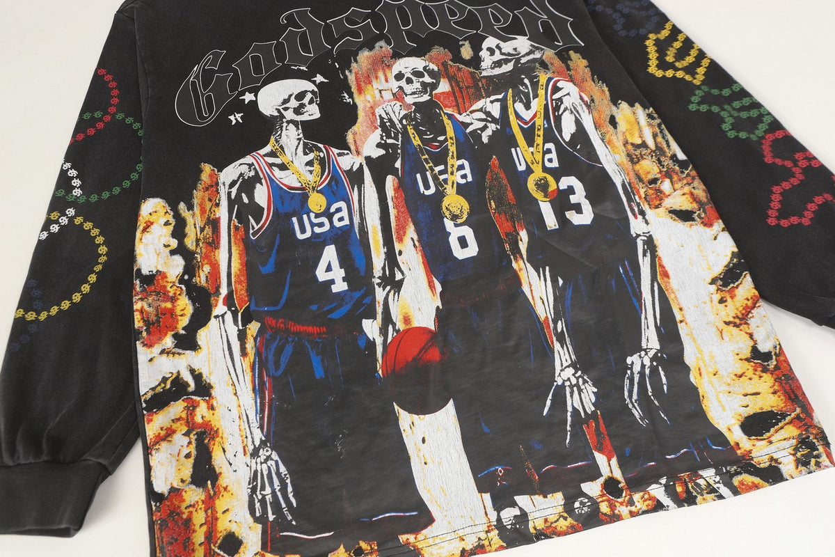 Godspeed Skeleton Basketball Graphic Long-Sleeve T-Shirt — detail